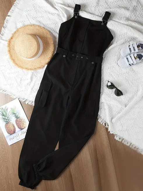 Casual Solid Color Belted Flap Pockets Jumpsuit
