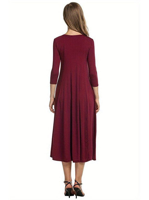 Casual Solid Crew Neck 3/4 Sleeve Midi Dress