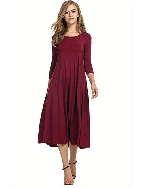 Casual Solid Crew Neck 3/4 Sleeve Midi Dress