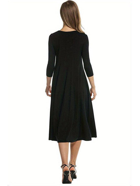 Casual Solid Crew Neck 3/4 Sleeve Midi Dress