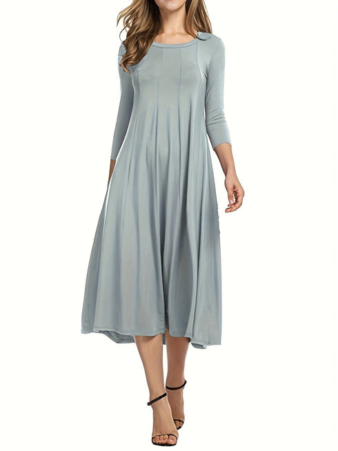 Casual Solid Crew Neck 3/4 Sleeve Midi Dress