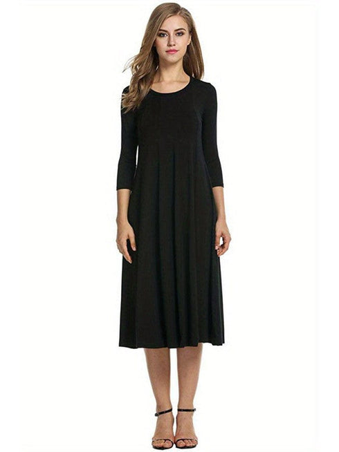 Casual Solid Crew Neck 3/4 Sleeve Midi Dress