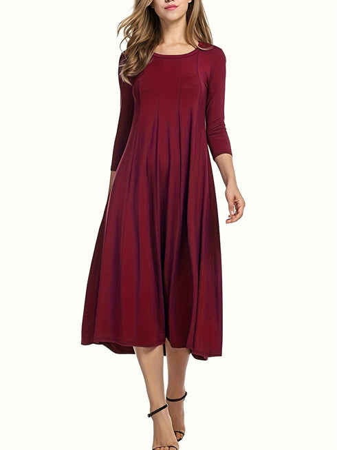 Casual Solid Crew Neck 3/4 Sleeve Midi Dress
