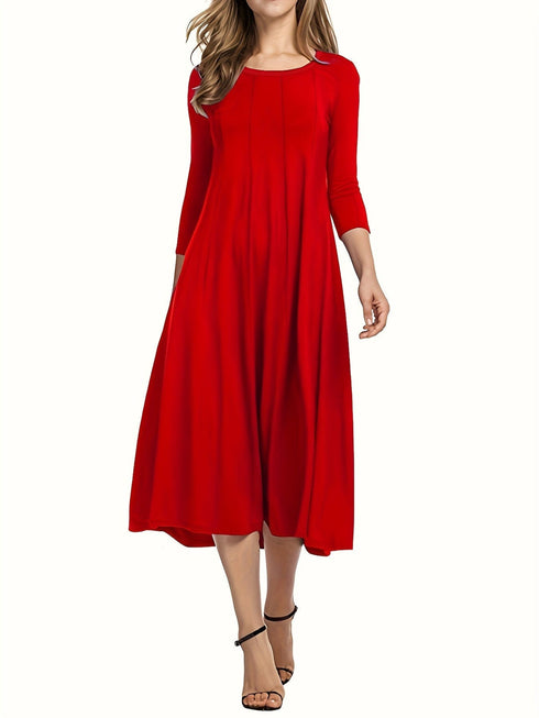 Casual Solid Crew Neck 3/4 Sleeve Midi Dress