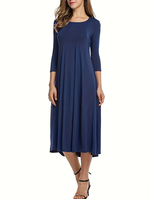 Casual Solid Crew Neck 3/4 Sleeve Midi Dress