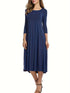 Casual Solid Crew Neck 3/4 Sleeve Midi Dress