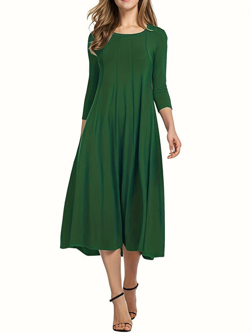 Casual Solid Crew Neck 3/4 Sleeve Midi Dress