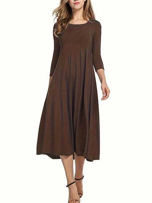 Casual Solid Crew Neck 3/4 Sleeve Midi Dress