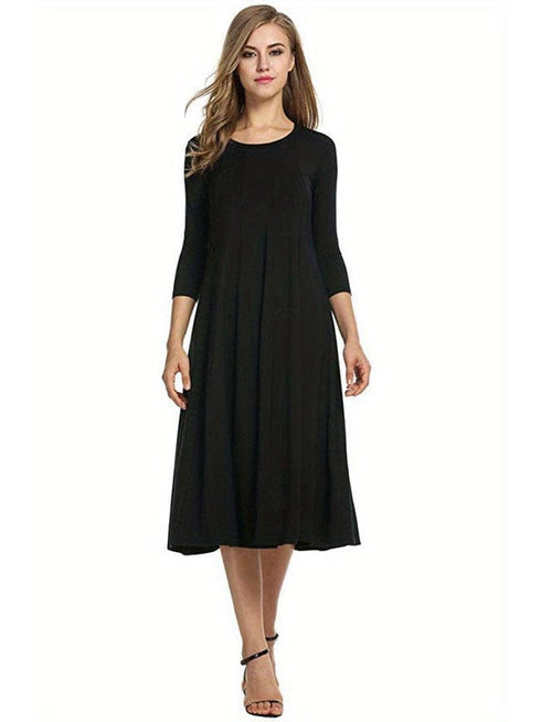 Casual Solid Crew Neck 3/4 Sleeve Midi Dress