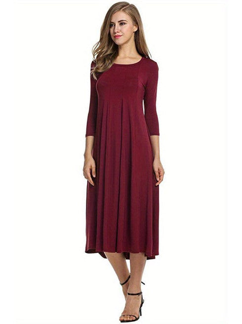 Casual Solid Crew Neck 3/4 Sleeve Midi Dress