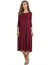 Casual Solid Crew Neck 3/4 Sleeve Midi Dress