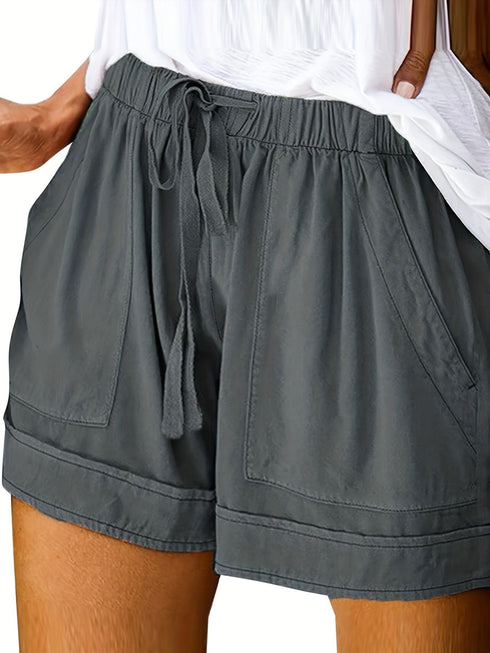 Casual Solid Drawstring Elastic Waist Slant Pockets Shorts