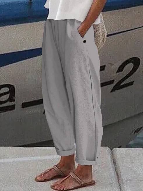 Casual Solid Elastic Waist Pockets Loose Pants