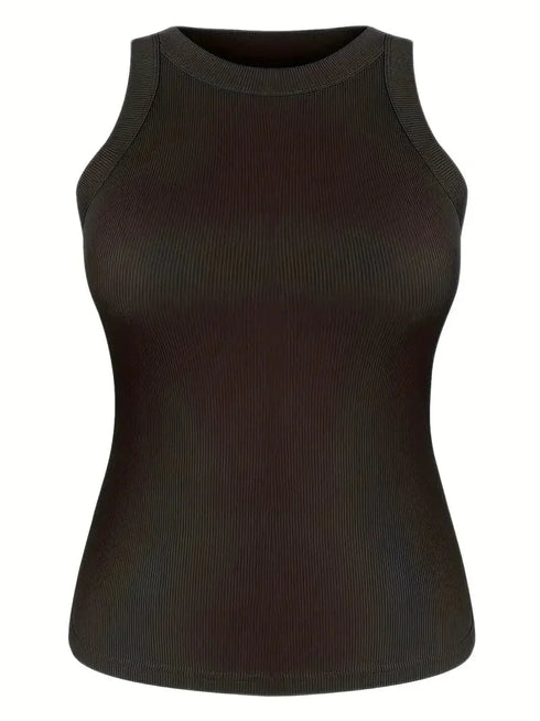 Casual Solid Ribbed Crew Neck Sleeveless Basic Tank Top
