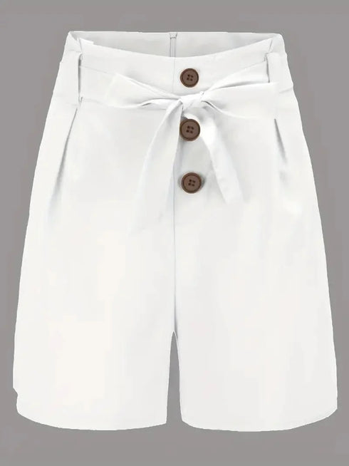 Casual Solid Tie Waist High Waist Button Shorts