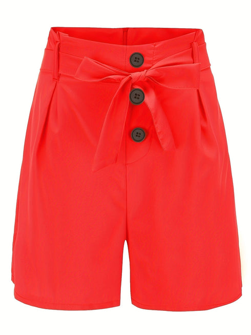 Casual Solid Tie Waist High Waist Button Shorts