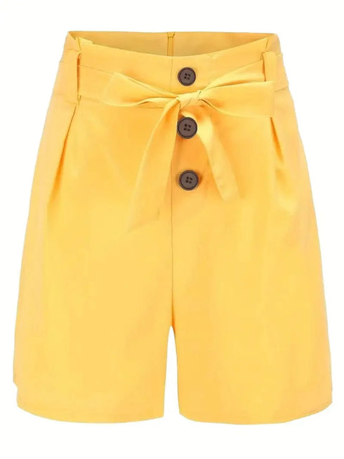 Casual Solid Tie Waist High Waist Button Shorts