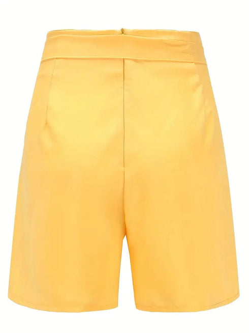 Casual Solid Tie Waist High Waist Button Shorts