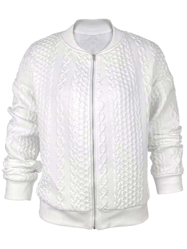 Casual Solid Zip-Up Long Sleeve Textured Jacket