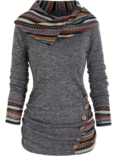 Casual Stripe Splicing Button Decor Long Sleeve Hoodie