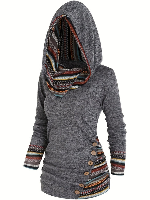 Casual Stripe Splicing Button Decor Long Sleeve Hoodie