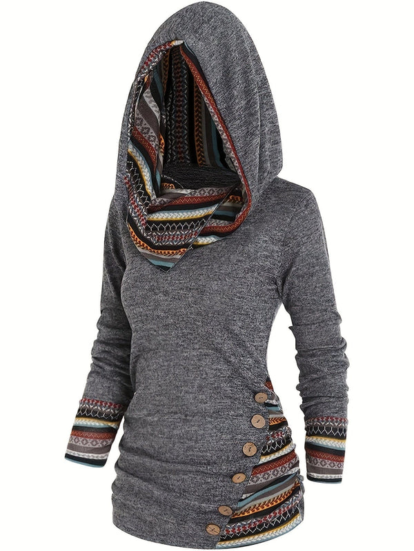 Casual Stripe Splicing Button Decor Long Sleeve Hoodie
