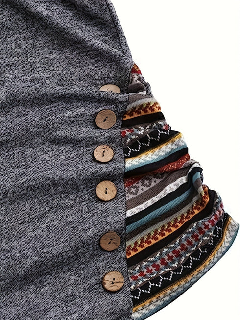 Casual Stripe Splicing Button Decor Long Sleeve Hoodie