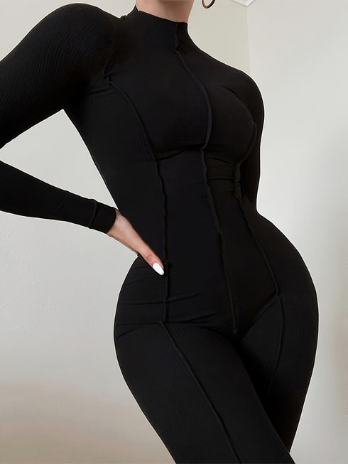 Casual Stylish Long Sleeve Solid High Collar Skinny Fit Jumpsuit