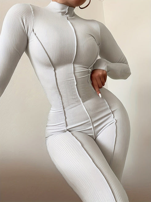 Casual Stylish Long Sleeve Solid High Collar Skinny Fit Jumpsuit
