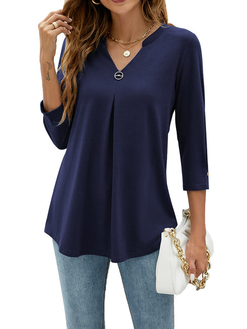 Casual V-Neck Loose Fit Blouse with Mid-Length Sleeves