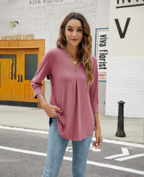 Casual V-Neck Loose Fit Blouse with Mid-Length Sleeves