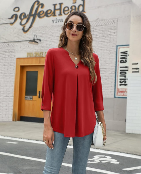 Casual V-Neck Loose Fit Blouse with Mid-Length Sleeves