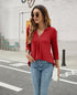 Casual V-Neck Loose Fit Blouse with Mid-Length Sleeves