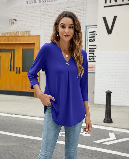 Casual V-Neck Loose Fit Blouse with Mid-Length Sleeves