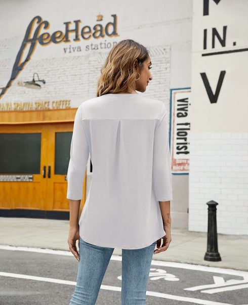 Casual V-Neck Loose Fit Blouse with Mid-Length Sleeves