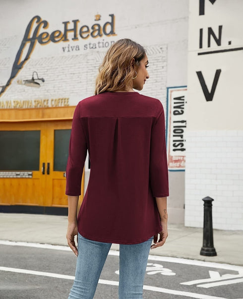 Casual V-Neck Loose Fit Blouse with Mid-Length Sleeves