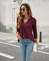 Casual V-Neck Loose Fit Blouse with Mid-Length Sleeves