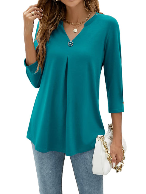 Casual V-Neck Loose Fit Blouse with Mid-Length Sleeves