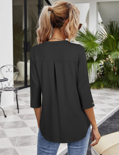 Casual V-Neck Loose Fit Blouse with Mid-Length Sleeves