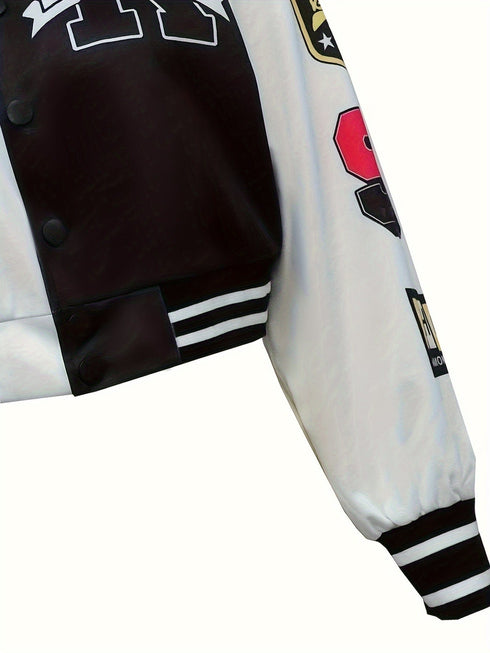 Casual Varsity Stylish Letter Print Button Front Jacket