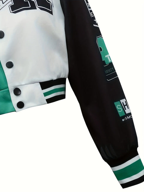 Casual Varsity Stylish Letter Print Button Front Jacket