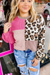 Rose Red Plus Size Twisted Ribbed Color Block Leopard Patchwork Long Sleeve Top