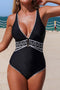 Black Stylish Trim V Neck Adjustable Strap One Piece Swimsuit