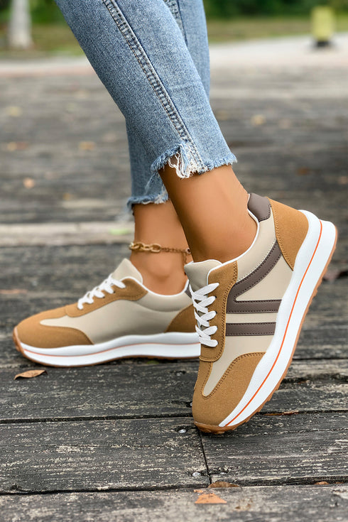 Brown Varsity Color Block Patchwork Lace-up PU Leather Sneakers