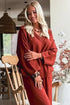 Red Clay Braided Trim V Neck Oversize Top Drawstring Pants Loose 2pcs Outfit