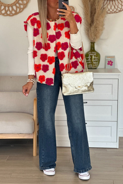 Racing Red Plush Flower Embellishment Open Front Vest