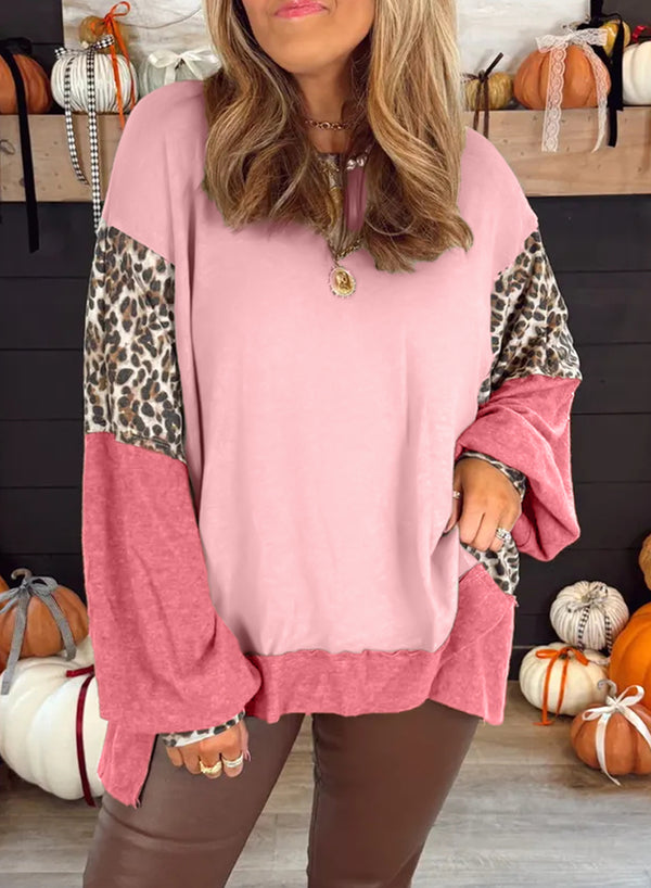 Light Pink Color Block Leopard Patchwork Dolman Sleeve High Low Baggy Sweatshirt