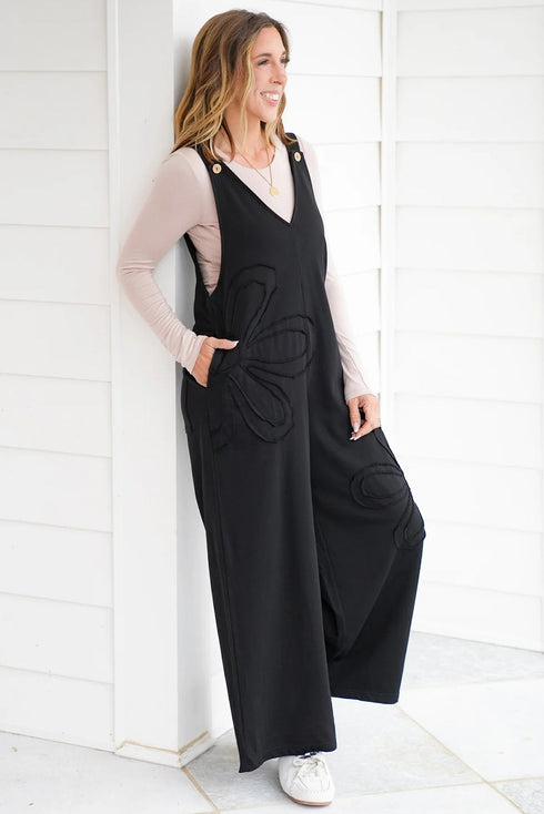 Black Solid Color Raw Seam Big Flower Patched Loose Overall Jumpsuit