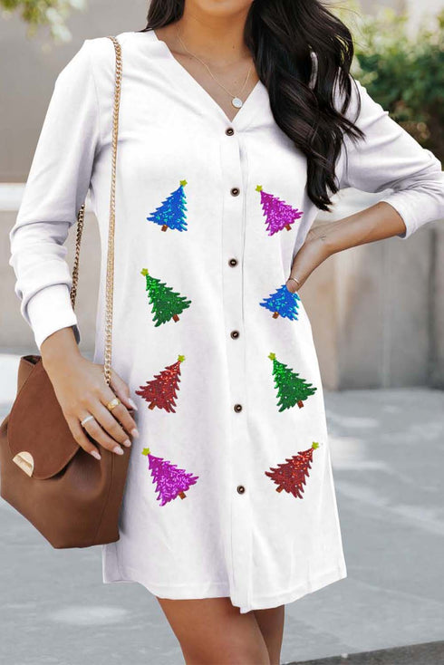 White V Neck Button Down Multi Sequin Christmas Tree Long Cardigan
