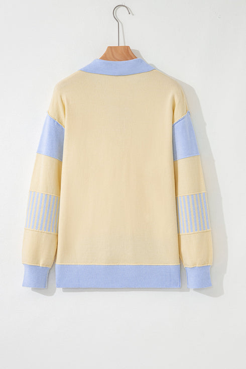 Sky Blue Stripe Contrasting Polo Collar Color Block Knit Drop Shoulder Sweater